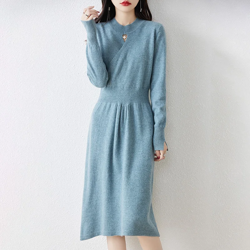 

Autumn and Winter New and Neckline Hollowed-out Wool Dress. Women's Over-the-knee Mid-length Dress 100% Pure Wool Waist Skirt