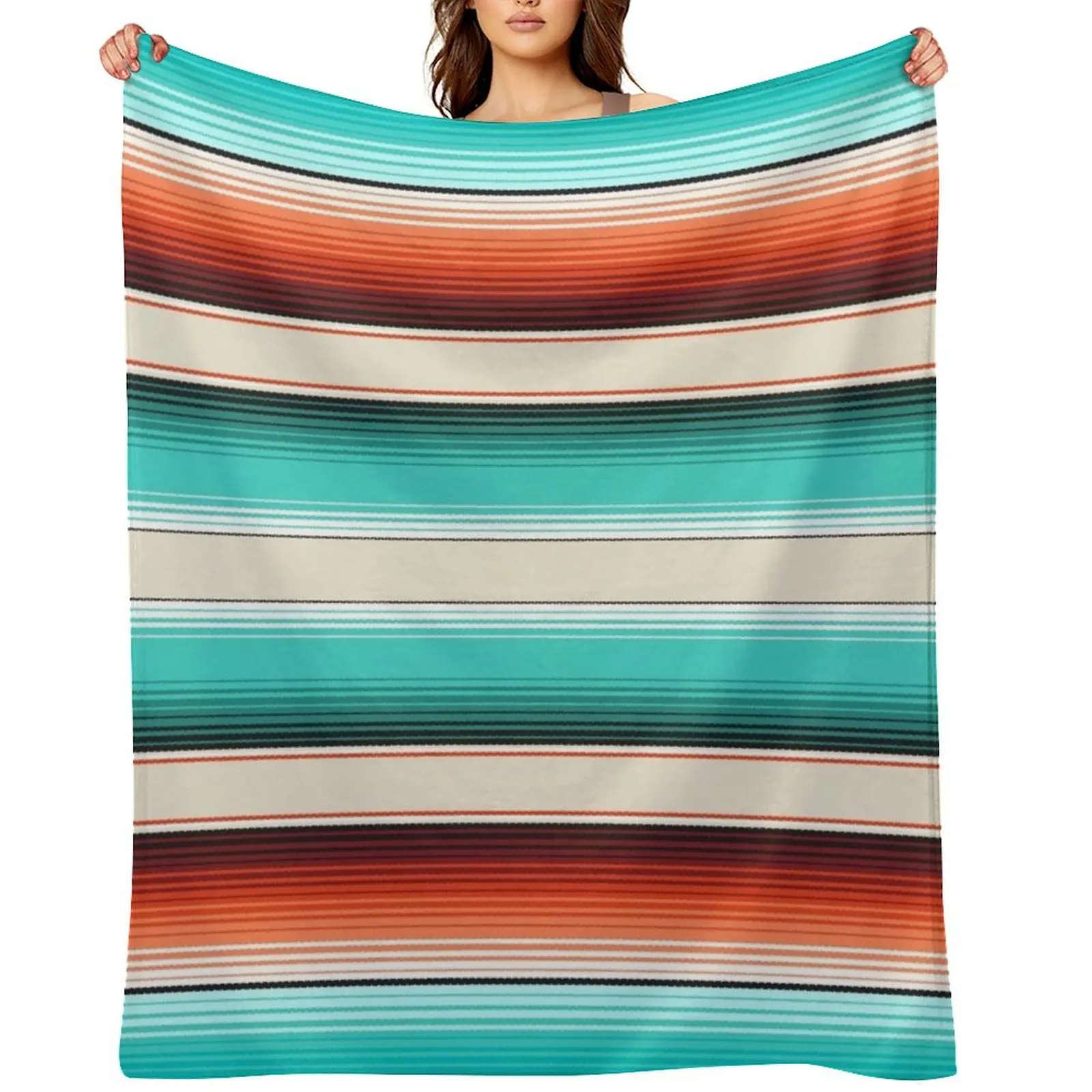 

Navajo White, Turquoise and Burnt Orange Southwest Serape Blanket Stripes Throw Blanket Warm Sofa Throw Nap Plush Blankets