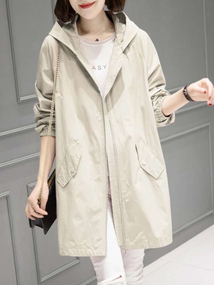 Spring Autumn New Thin Windbreaker Fashion Oversized Hooded Jacket Coat Temperament Casual Top Women Coat Trench Coat Clothes