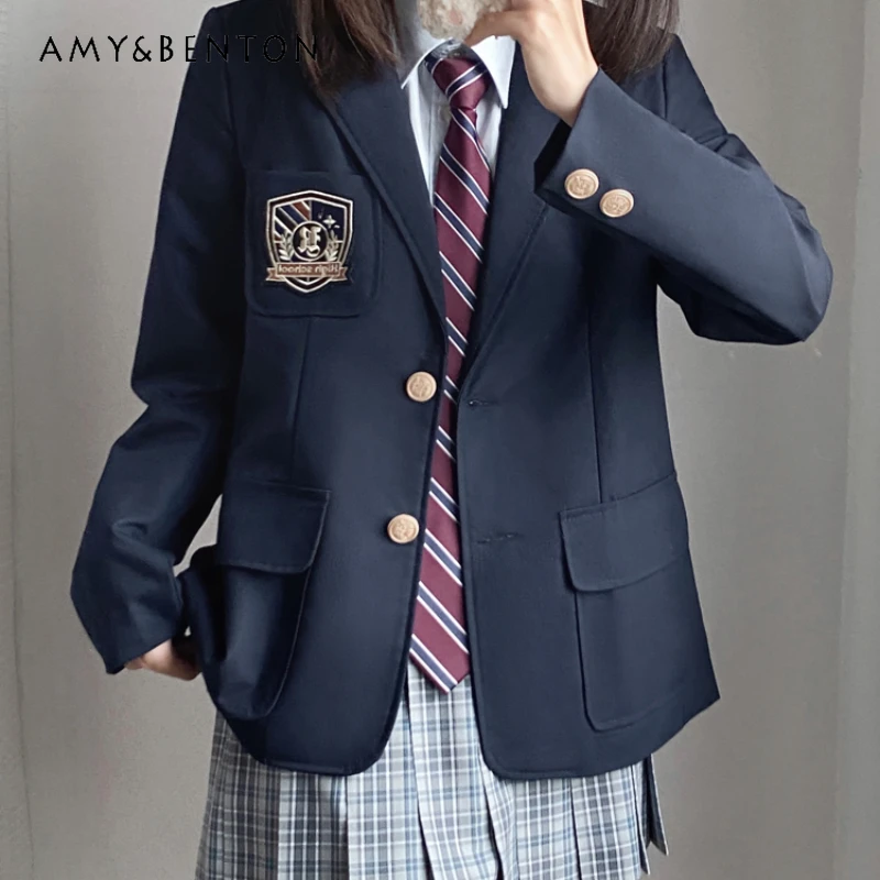 

New Japanese JK Uniform Jacket Preppy Style Long Sleeves Two Button Multi Pocket Solid Color Multitone Versatile Blazers Female