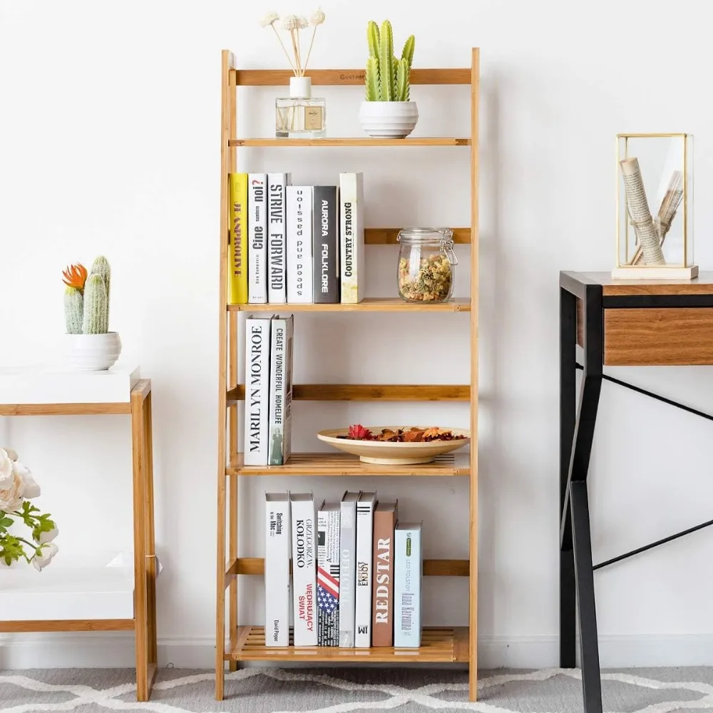 47.5'' Natural Bamboo Ladder Shelf, 4-Tier Multifunctional Storage Rack for Plants, Books, and Decor