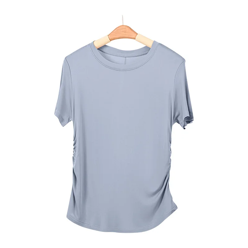 تي شيرت Birdtree 20% حرير 80% فسكوزي أساسيات صلبة ، تي شيرت نسائي بأكمام قصيرة ورقبة دائرية وخصر ملابس علوية ناعمة T59208JF