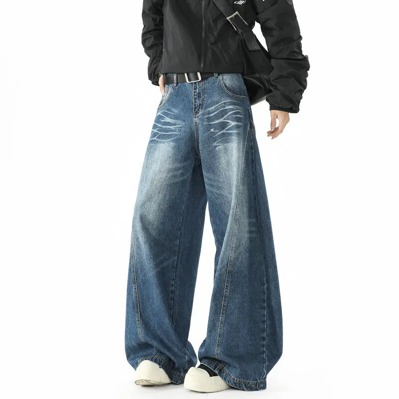 Mens Loose Wide Leg Jeans High Street Patchwork Vintage American Trendy Urban Fashion Hip Hop Oversized Trousers Streetwear