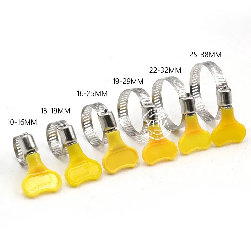 1-5PCS Adjustable Yellow Plastic Handle Hand Twist Hose Clamps Worm Driving 8-32mm Stainless steel Butterfly Pipe Clips for Tube