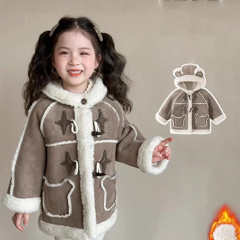 

Hot Girl Thicken Winter Hoodie Autumn Tops Horn Button Coat Jacket Child Windproof Keep Warm Fashion Kawaii New Casual Clothing