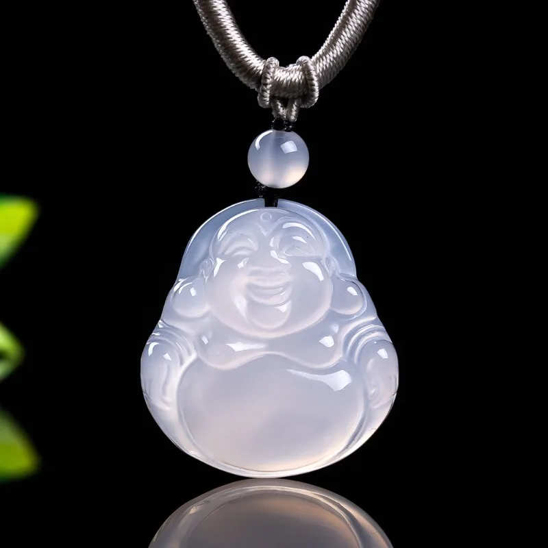 

Natural Real White Ice Agate Buddha God Pendant Myanmar Jadeite Necklace Jewelry Charm Designer Luxury Vintage Women lucky