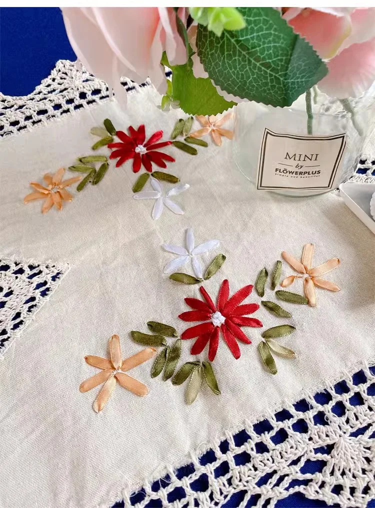 Fashion design Russia style ribbon embroidered table fabric table runner cover  rectangle beige 100% cotton cabinet cloth