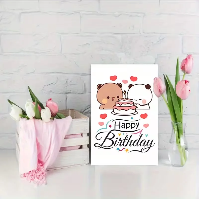 Kawaii Panda & Bear Couple Birthday Card with 