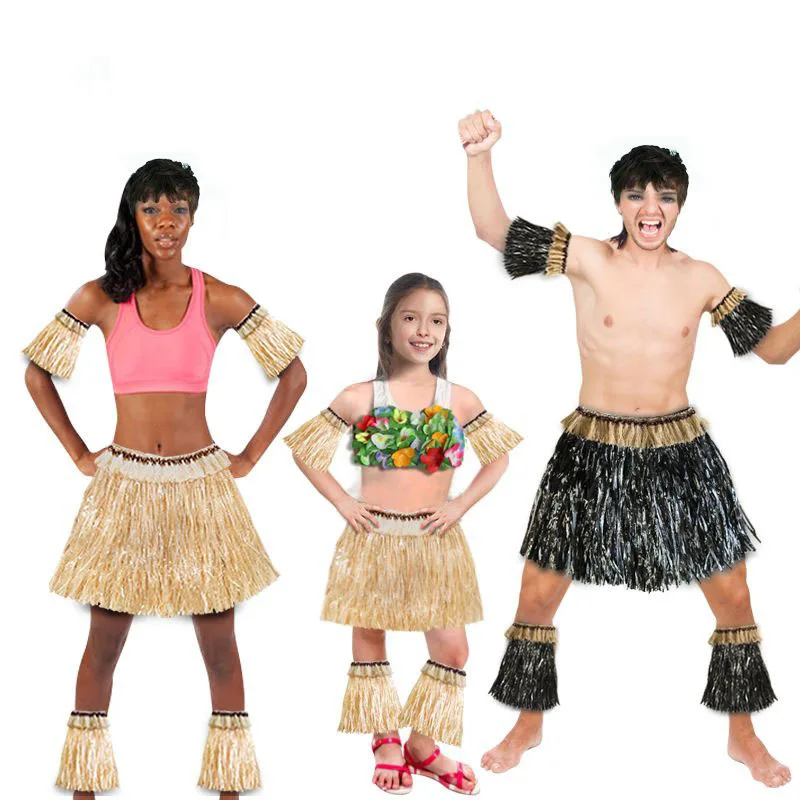 BESTOYARD Set De Disfraz Hawaiano – Falda De Hojas, Collar, Pulseras Y Diadema, Adulto, Tamaño Cintura 76,2 Cm, Largo 38,1 Cm, Para Fiestas Tropicales