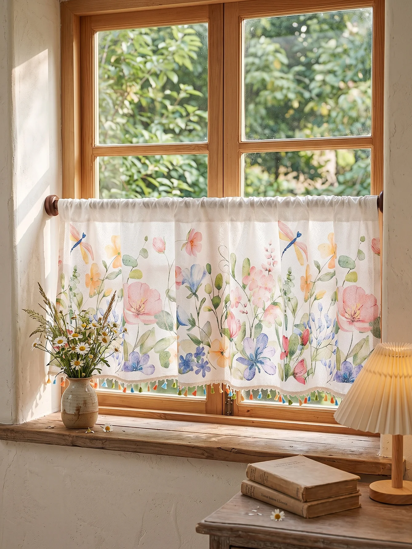 Boho Flower Dragonfly Printed Cafe Curtain, Light Filtering Tier Curtain with Colorful Tassel Trim