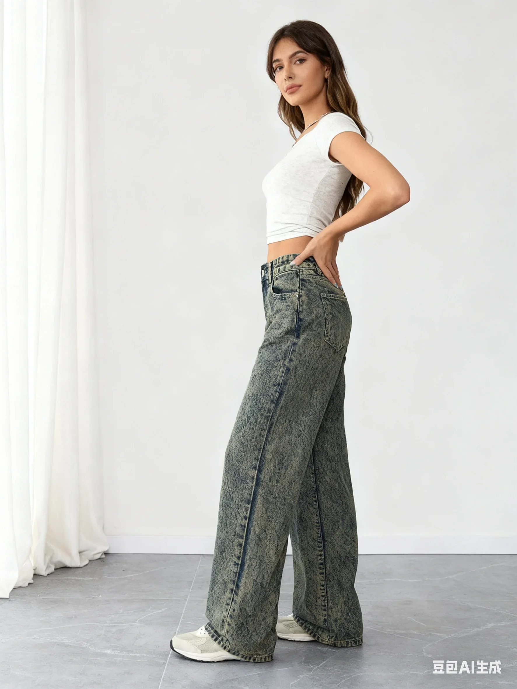 Damskie jeansy plus size, szerokie spodnie dżinsowe z wysokim stanem, odzież w stylu streetwear