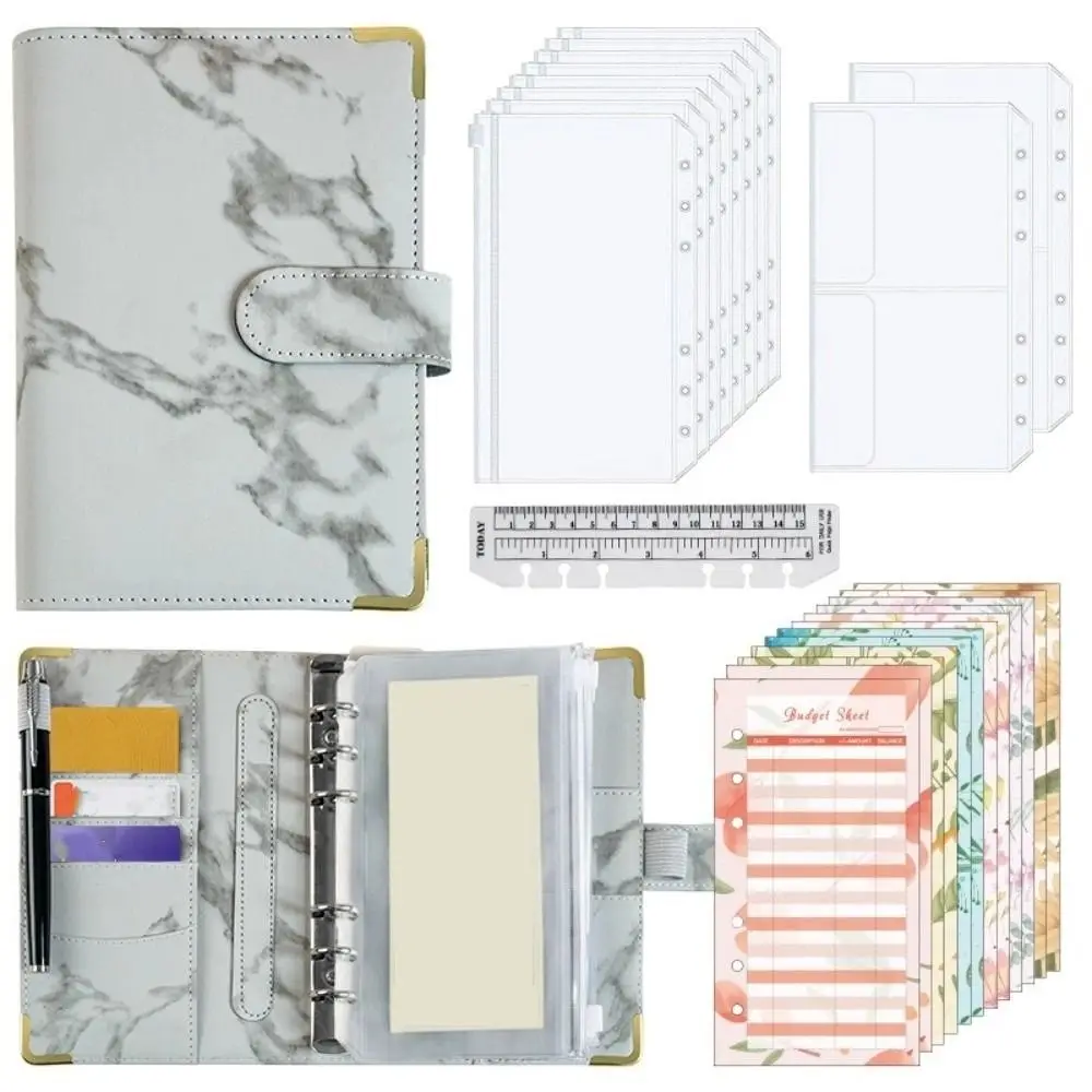 Marbling Money Saving Binder PU A6 Savings Challenges Book Waterproof with Protective Corner Card Holder Daily Bookkeeping