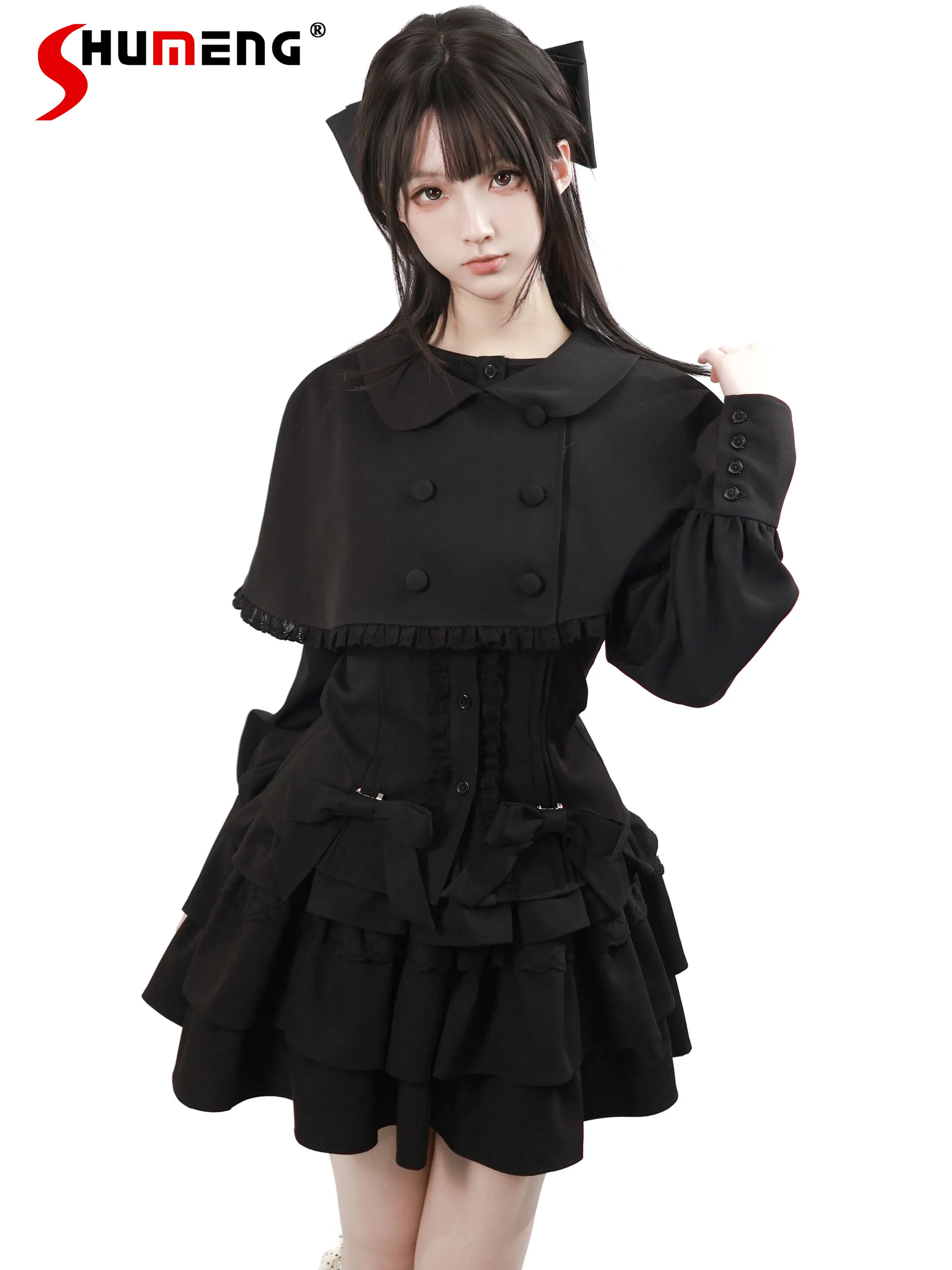 

2026 Spring Japanese Style Sweet Cool Girl Black Gothic Dress Round Collar Cape Ruffle High Waist Bow Tiered Short Dress Women