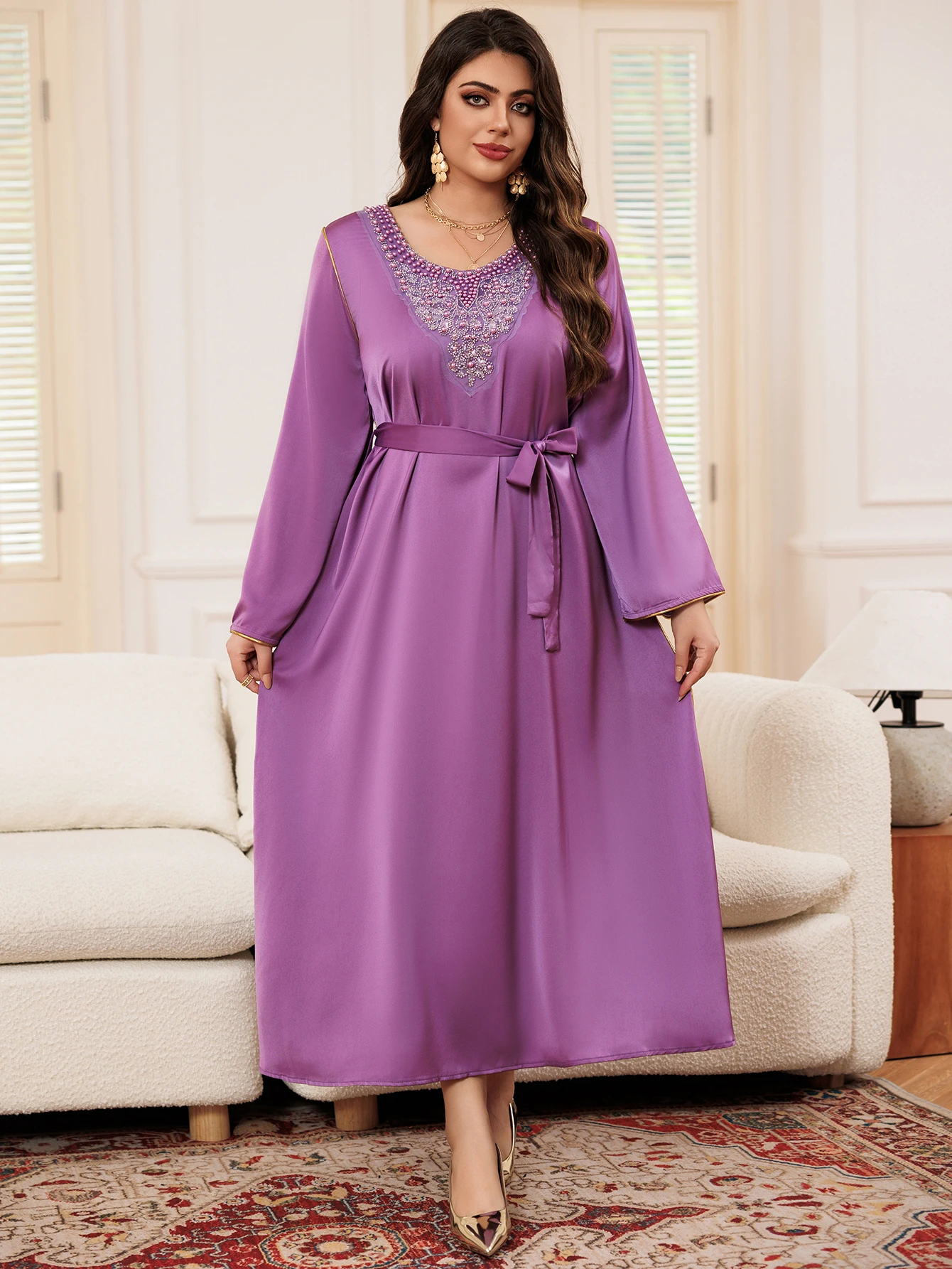 Women\'s Dress Purple Long Sleeve Beaded Patchwork Including Belt Resort Style Middle East Plus Size Arab Gilded Muslims Simple