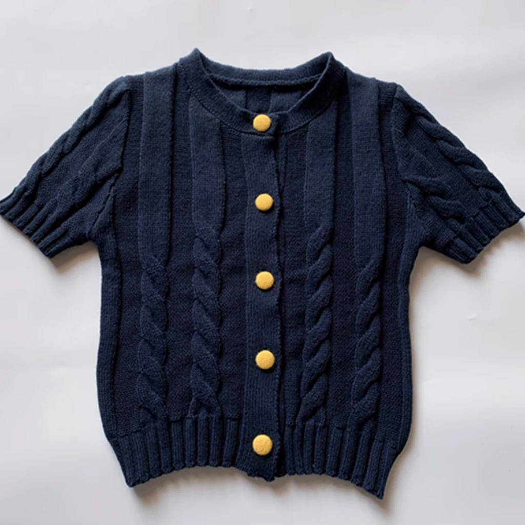 

Maxdutti Minimalist Navy Blue Knitted T-shirt Single Breasted Round Neck Short Sleeved Summer T-shirt Women Tops