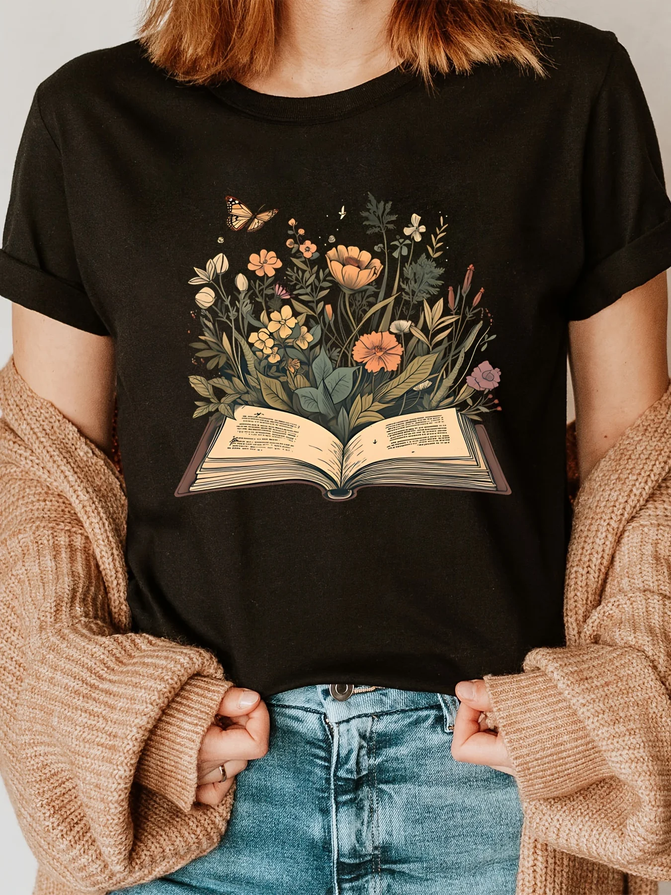 

Book Lover Print Crew Neck T-shirt, Short Sleeve Casual Top For Summer & Spring, Women's Clothing