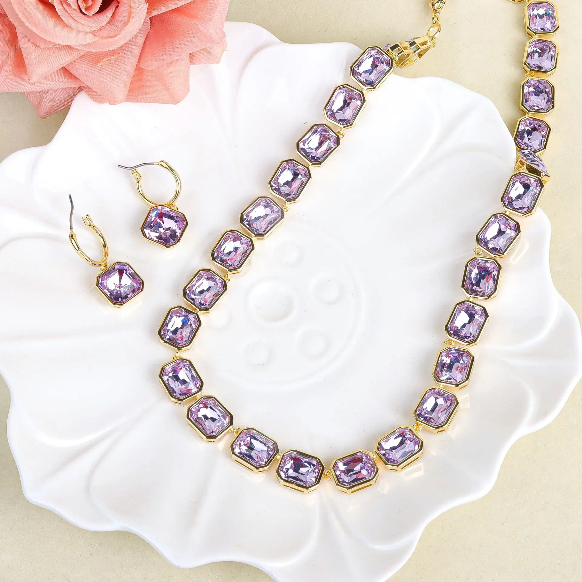 

New Trendy Shiny Square Diamond-Studded Jewelry Set Women's Necklace Earrings Light Luxury Ornament for Evening Dress Party