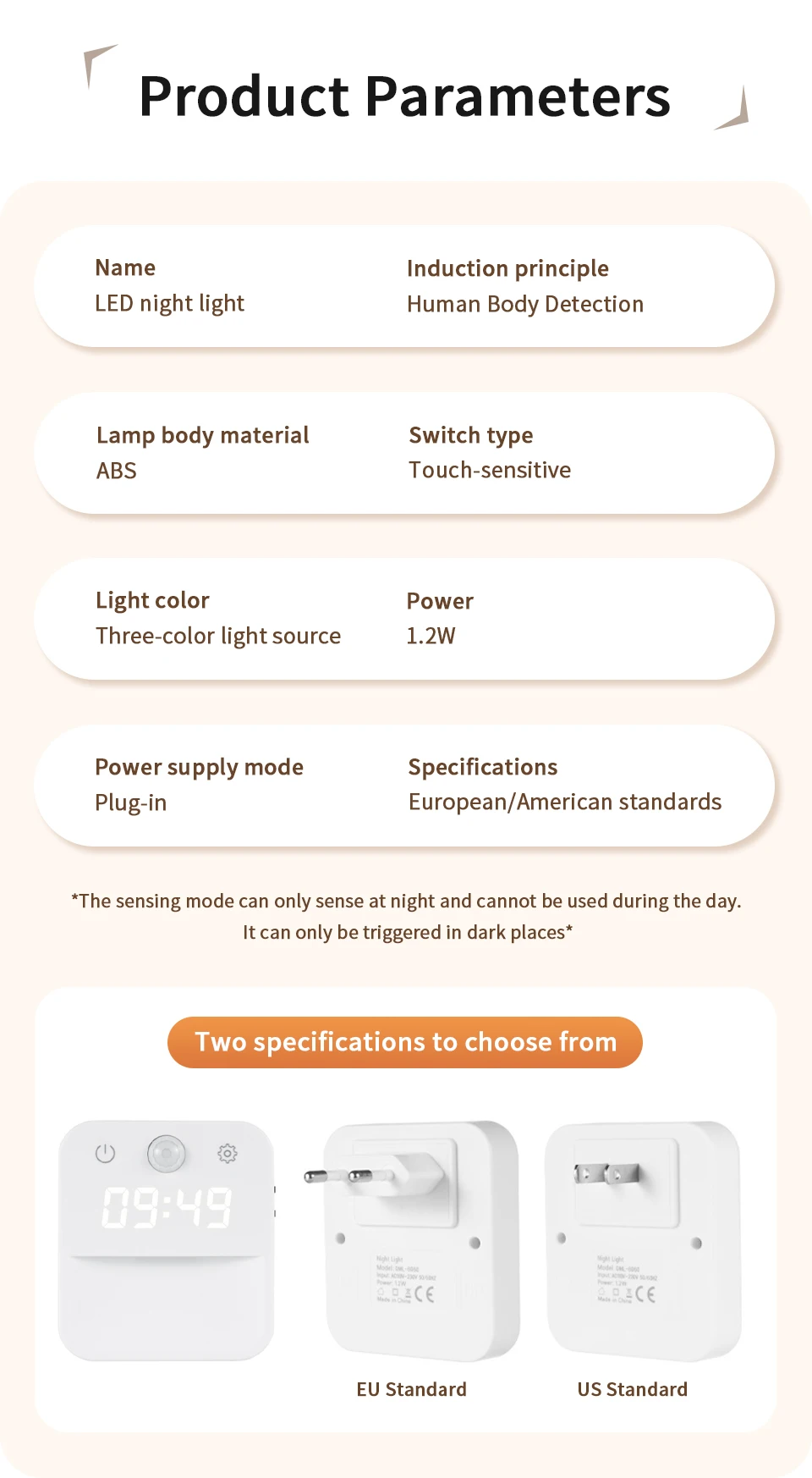 Motion Sensor LED Night Light with Time Display EU and US Socket Plug-in Wall Lamp Smart Sensing Light for Hallway Stair Bedroom