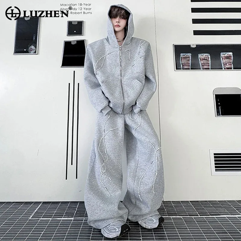 

LUZHEN оригинальные уличные комплекты из двух предметов, мужские осенние повседневные брюки с широкими штанинами, модные толстовки с жемчужным декором, свитшот JY3681