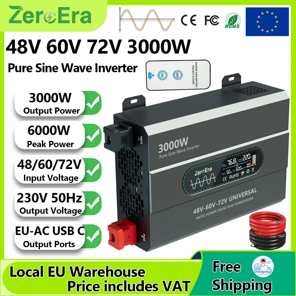 Inverter a Onda Sinusoidale Pura ZeroEra 3000W 48V/60V/72V DC a AC 230V 50Hz per Casa, Camper, Camion, Campeggio, Viaggi con Prese AC EU, Telecomando, Display LCD, Disponibile in Magazzino UE