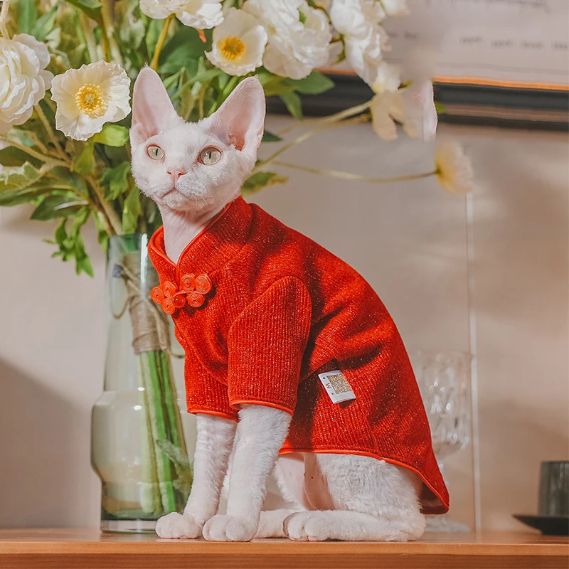 

Hairless Cat Clothes Sphynx Cat Chinese Style Cheongsam Dress Pet Red Qipao New Year Decor Dress Sphynx Cat Comfortable Costume