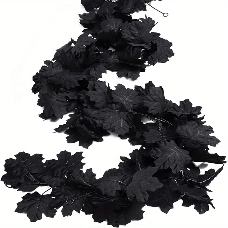 Schwarze Ahornblatt-Kränze, verbesserte künstliche Herbstblätter, Halloween-Dekoration für Zuhause, Kamin, Treppe, Fenster, Haustür, Ornamente – Detail 2