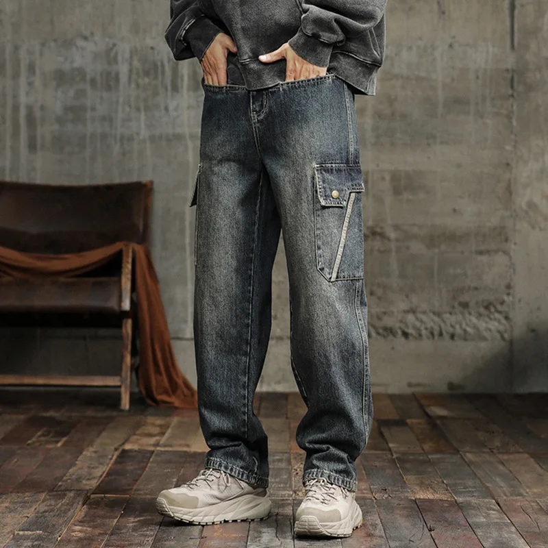 2024 Spring and autumn new men's cargo jeans men's fashion brand straight leg Japanese loose Harun casual multi-pocket pants