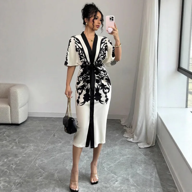

New cross-border retro-style positioned printed split-cuff cardigan coat for women