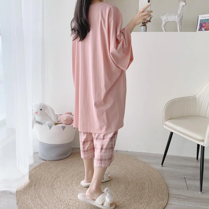 Plus Size 6XL 150KG Summer Women Pajamas Set O Neck Short Sleeve Tops and Pants Black Sweet Sleepwear Pajamas Suit