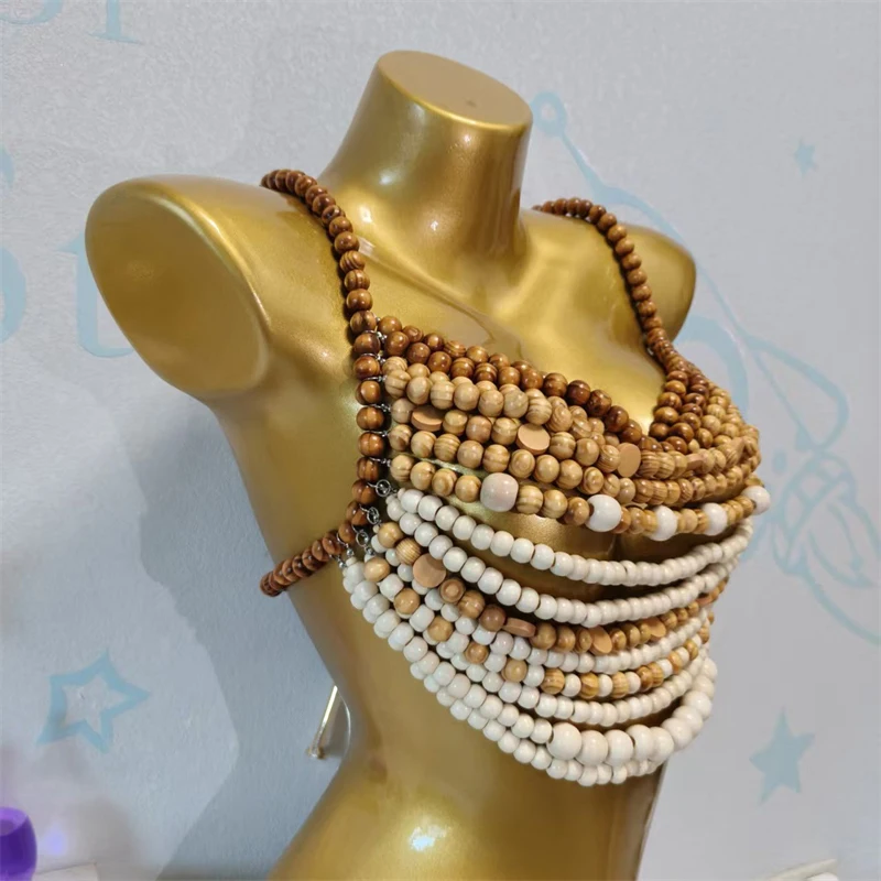 Handgefertigte Holzperlen-Körperkette für Damen, Boho-Stil, mehrlagig, Perlen-Strand-Bikini-Überzug, Festival Y2K Schmuck – Detail 7