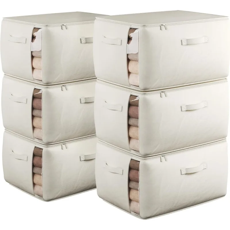 

Large Canvas Clothes Storage Bags with Thick Handles and Clear Window, Foldable Cotton Linen Underbed Closet Organizer