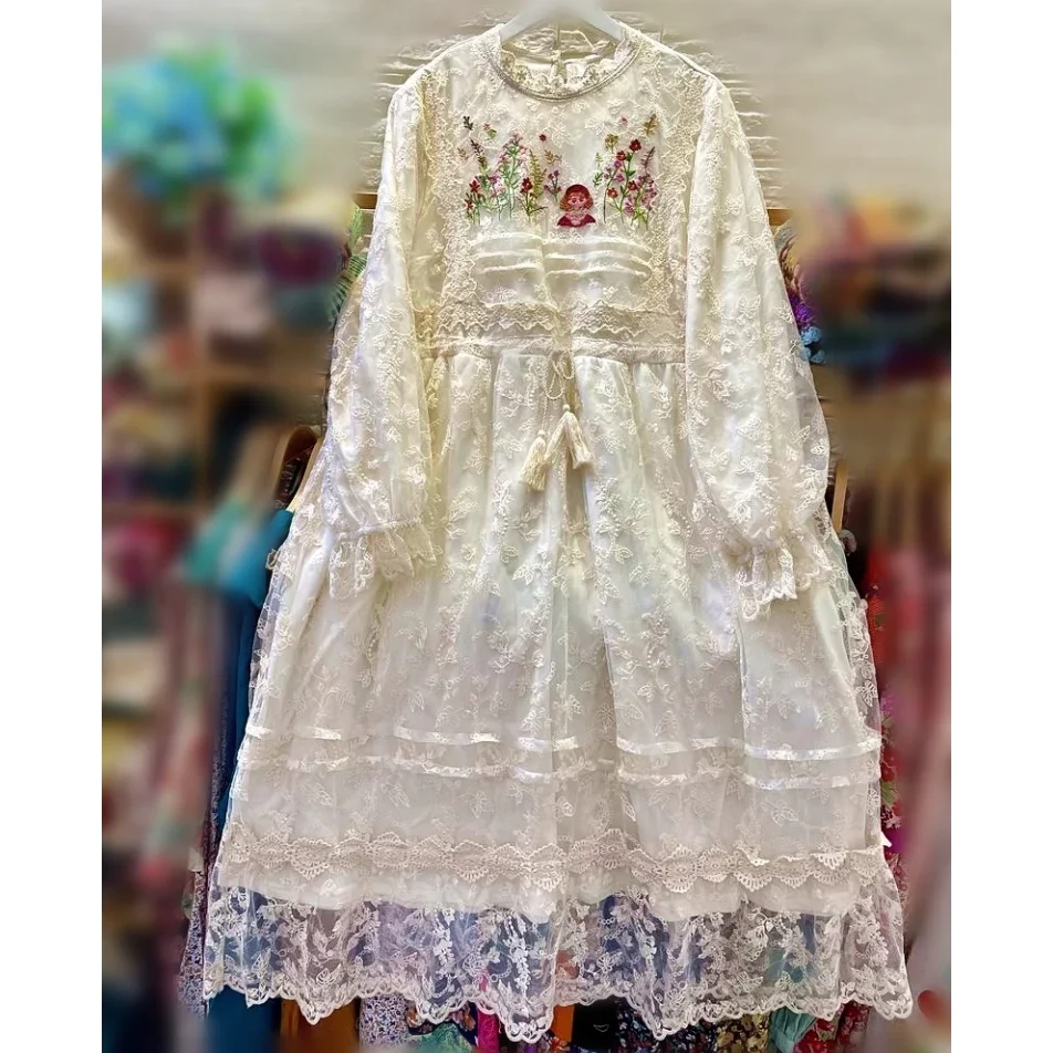 

Sweet Lace Embroidery Long Sleeve Midi Dress for Women 2025 Vintage Retro Shabby Chic Victorian Rococo Evening Mori Girl Dress