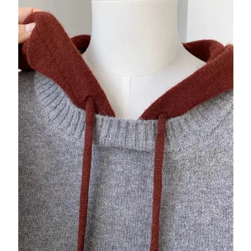 フード付きフェイクツーピース100％カシミヤセーター、ゆったりニットセーター、レディースウールベースのフーディー