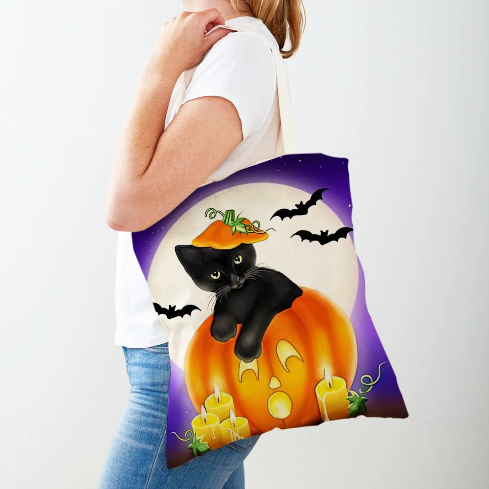 Sac à provisions en toile à double impression Happy Halloween pour femmes, sacs à provisions décontractés pour dames, sacs à main fourre-tout de voyage pour fille, crâne de dessin animé et Aliments