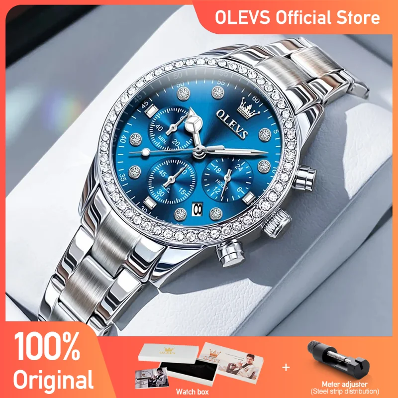 OLEVS Women\'s Watches Fashion Light Luxury Original Wristwatch for Ladies Zircon Bezel Waterproof Luminous Chronograph Date