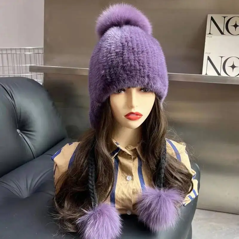 Real Mink Fur Hat Women's Double-sided Elastic Knitted Caps Casual Warmth Ear Protection Hat With Fox Fur Ball Natural Fur Hats