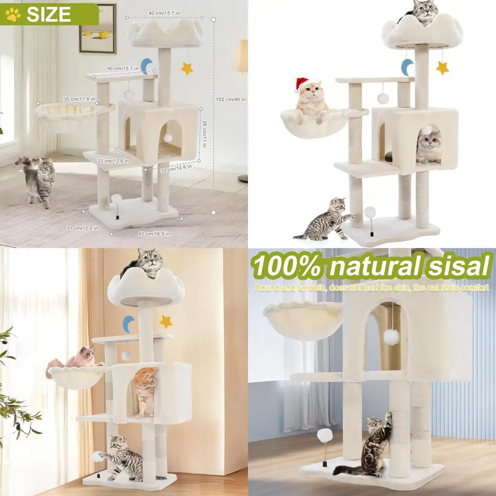 

White 40'' Metal Hammock Cat Tree for Large Indoor Cats with Scratching Post and Cloud Top Perch