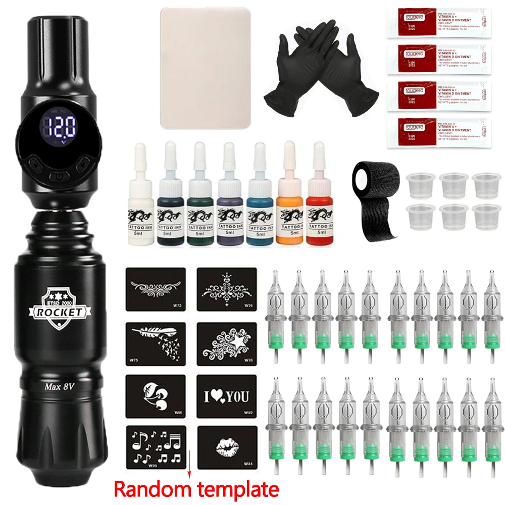 

Professional Tattoo Kit Complete RCA Jack Mini Rocket Rotary Machine Pen Set Wireless Tattoo Power Supply Eyebrow Makeup Set
