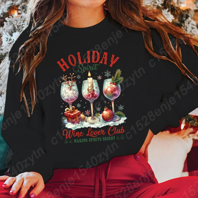 

Christmas Holiday Spirit Wine Lover Club Hoodless Sweatshirts Women O Neck Solid Color Pullovers Casual Long Sleeves Sweatshirts