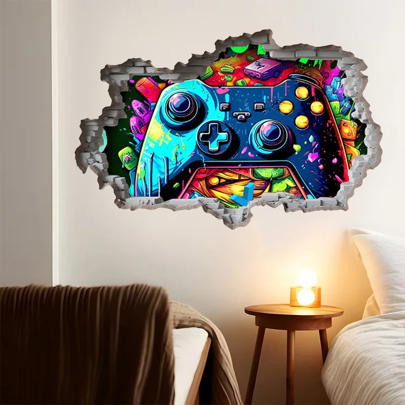 Colorful Game Wall Hole Art Cool Gamepad Vinyl Mural Stickers for Home Decoration Kids Room Gaming Zone Gamer Favor Poster Gifts