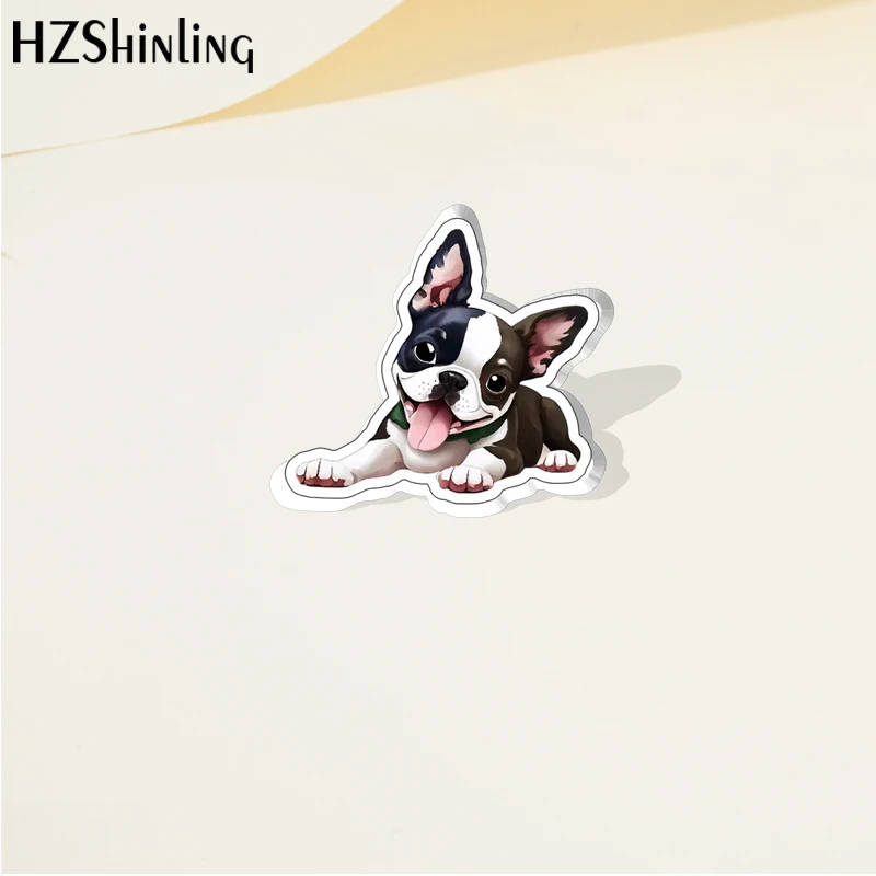 2023 Cartoon Cute Animal Pet Boston Terrier Dog Acrylic Lapel Pin Resin Epoxy Acrylic Pins Fashion Jewelry Accessories