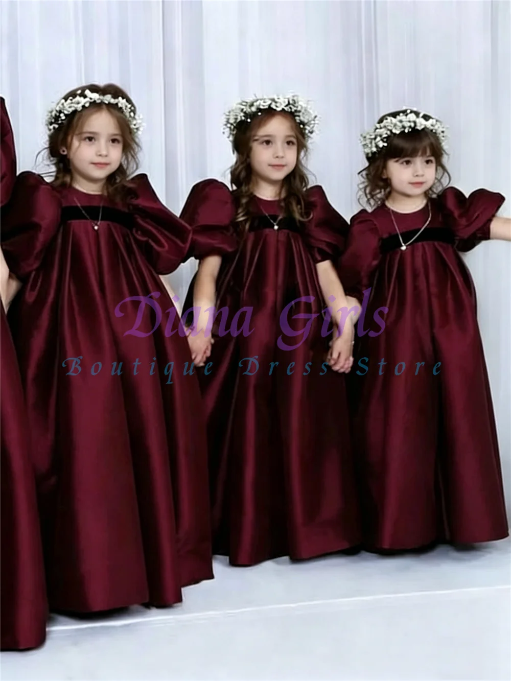Lovely Children's Summer Flower Girl Dress Pink Satin Host Performance Outfit Toddler for Girls Princess Bow Wedding Gowns