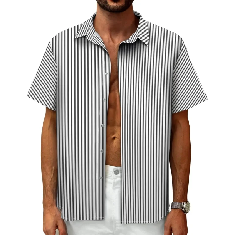 

Stripe PrintHawaiian Men Shirt Button Down Short Sleeve Tropical Vacation Aloha Beach Summer Tops Palm Leaf Flower Flamingo