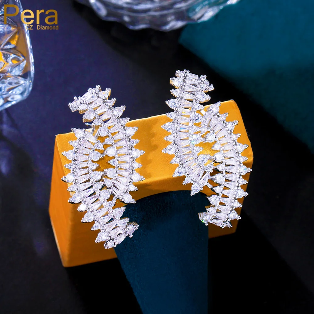 Pera Unique Blilliant White Cubic Zirconia Long Leaf Drop Earrings for Women Trendy Bridal Party Dress Jewelry Accessories E444