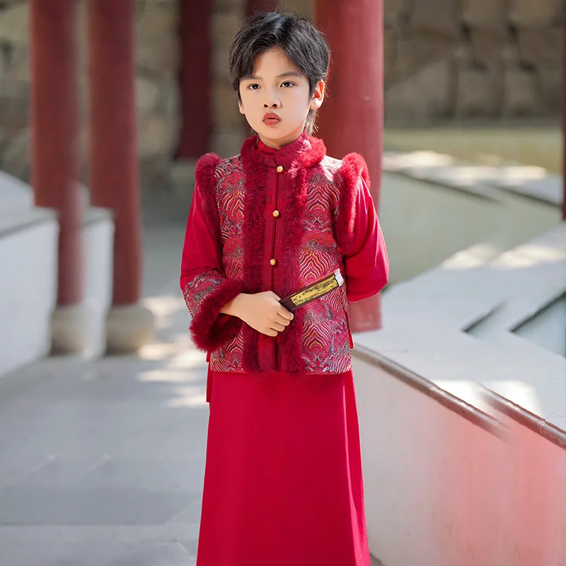 

2024 Winter New and Improved Boys' Hanfu Chinese National Style Red New Year's Dress Girls' Crosstalk Dress