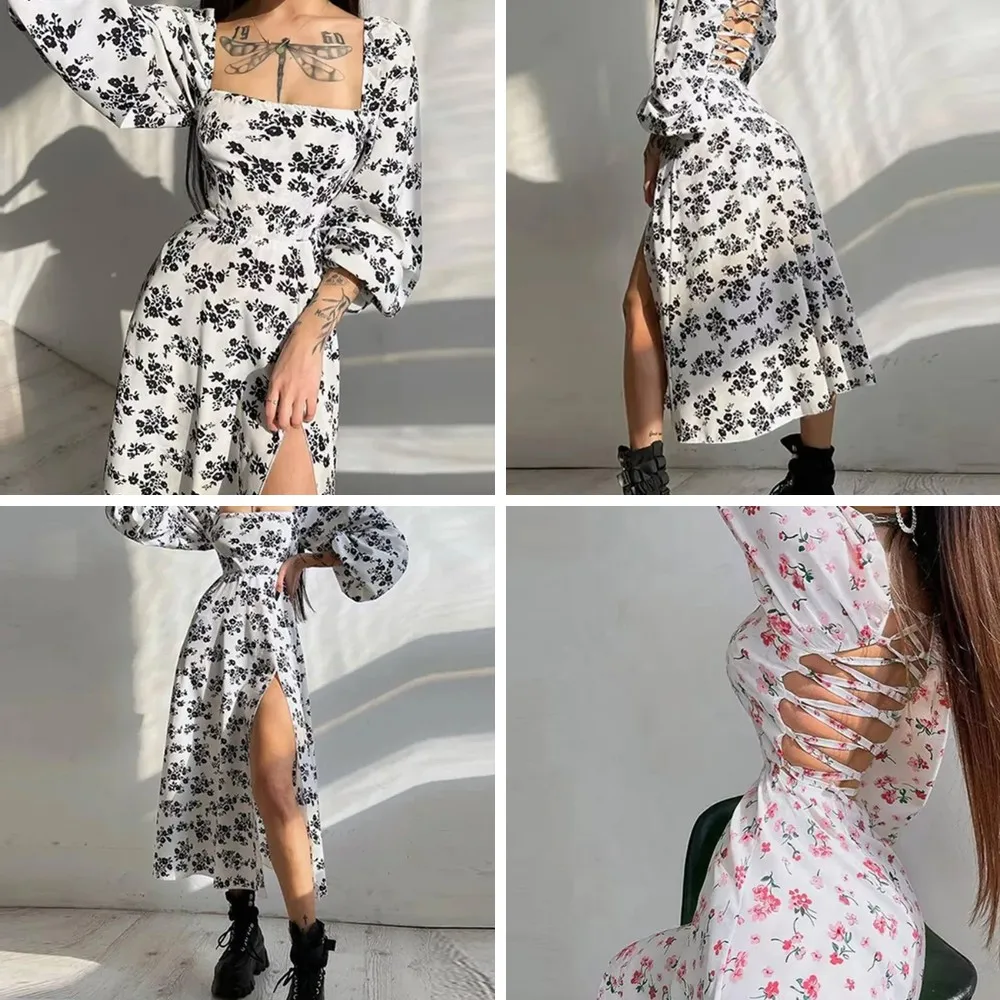 

Elegant Floral Print Long Dress Women 2026, Sexy Square Neck Backless Split Lantern Sleeve Vacation Gown (Characters: 78)
