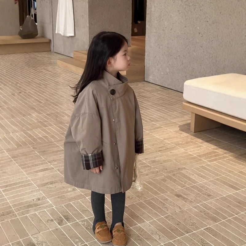 

Children's Clothing, Girls' Outerwear, Standing Collar Long Sleeved Trench Coat, 2025 Autumn and Winter Clothing