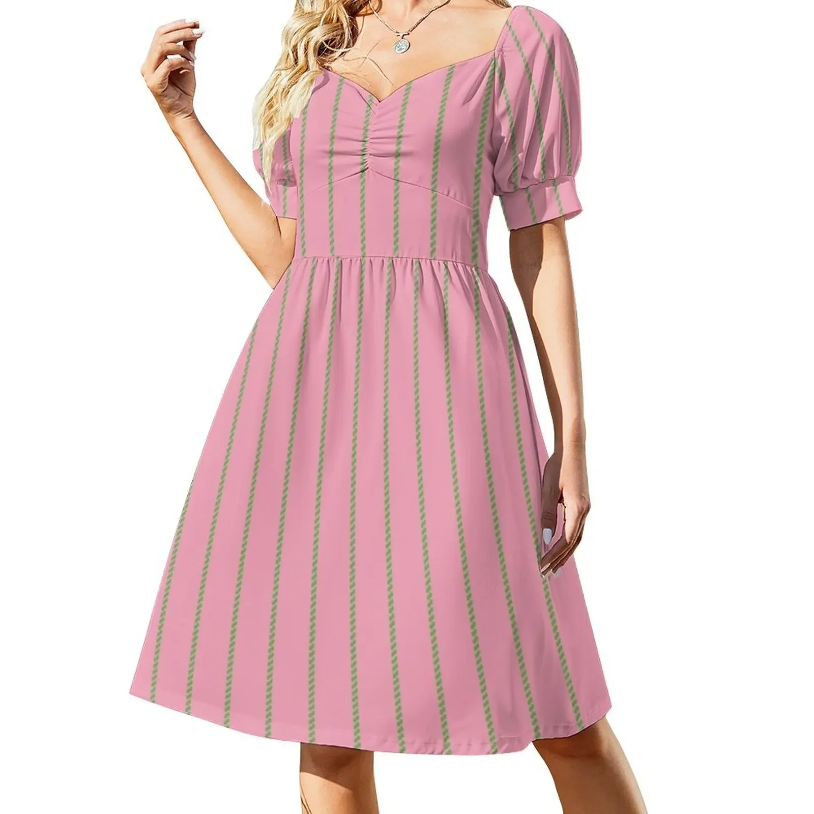 Pink and Green Chalk aka Pinstripe Pattern Short-Sleeved Dress sexy dress fairy dress evening dresses women