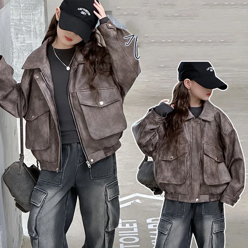 

Spring Autumn Kids PU Leather Jacket Ages 4-14Y Girl Casual Fashion Coat Tween Girl Vintage Outwear Child Korean Style Jacket