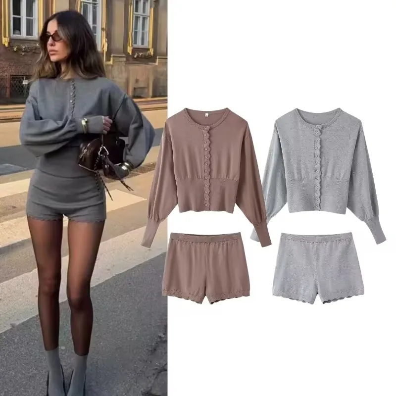 Knit Cardigan Shorts Matching Set Women Fashion Two Piece Sets Spring Summer